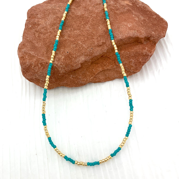 Turquoise + Brilliant Gold Beaded Necklace
