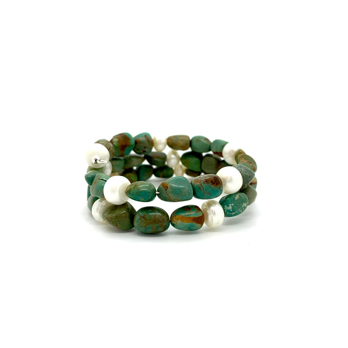 Nevada Turquoise and Pearl Wrap Around Bracelet
